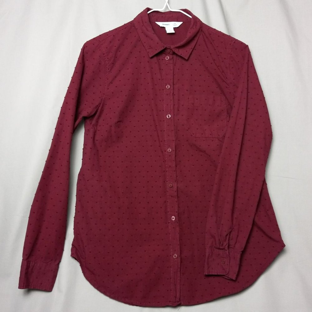 Old Navy Classic‎ Shirt Womens S Wine Button Down Long Sleeve Polka Swiss Dots